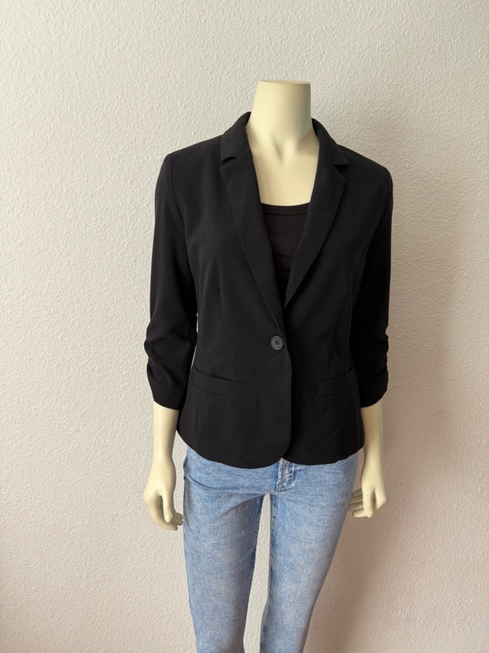 Eliza J Black One-Button Ruched 3/4 Sleeve Blazer Jacket Size S